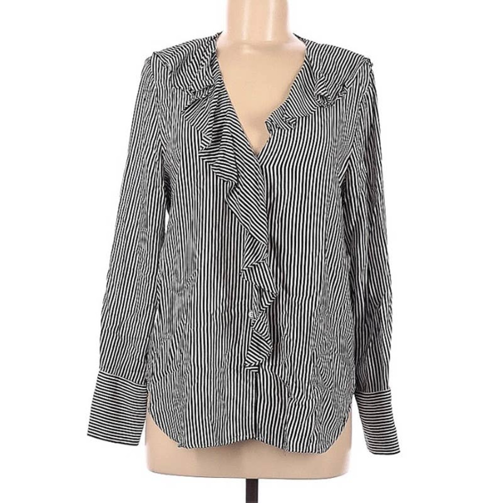Zara Basic Collection Black White Ruffle Front Long Sleeve Button Down Blouse M
